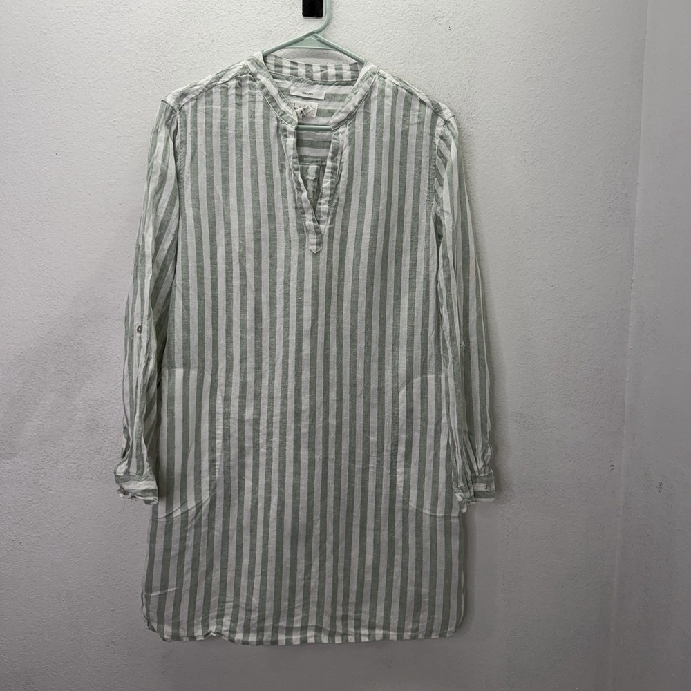 Nicole Miller Green White Striped 100% Linen Mini Shift Dress Size S Long Sleeve